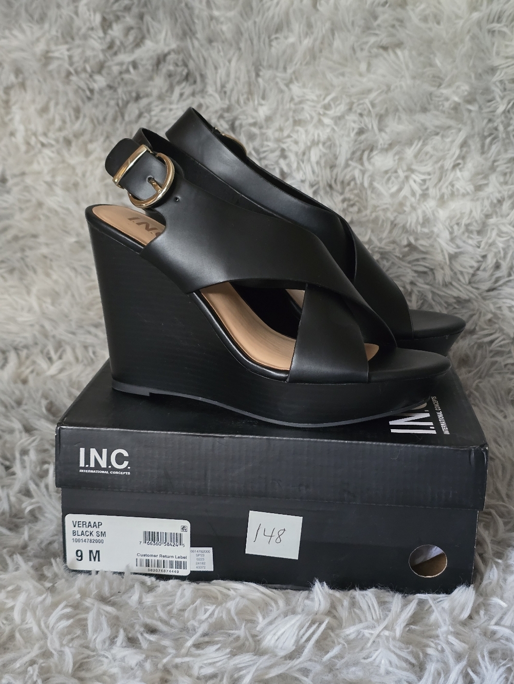INC International Concepts VERAAP Black Wedge Sandals - Size 9